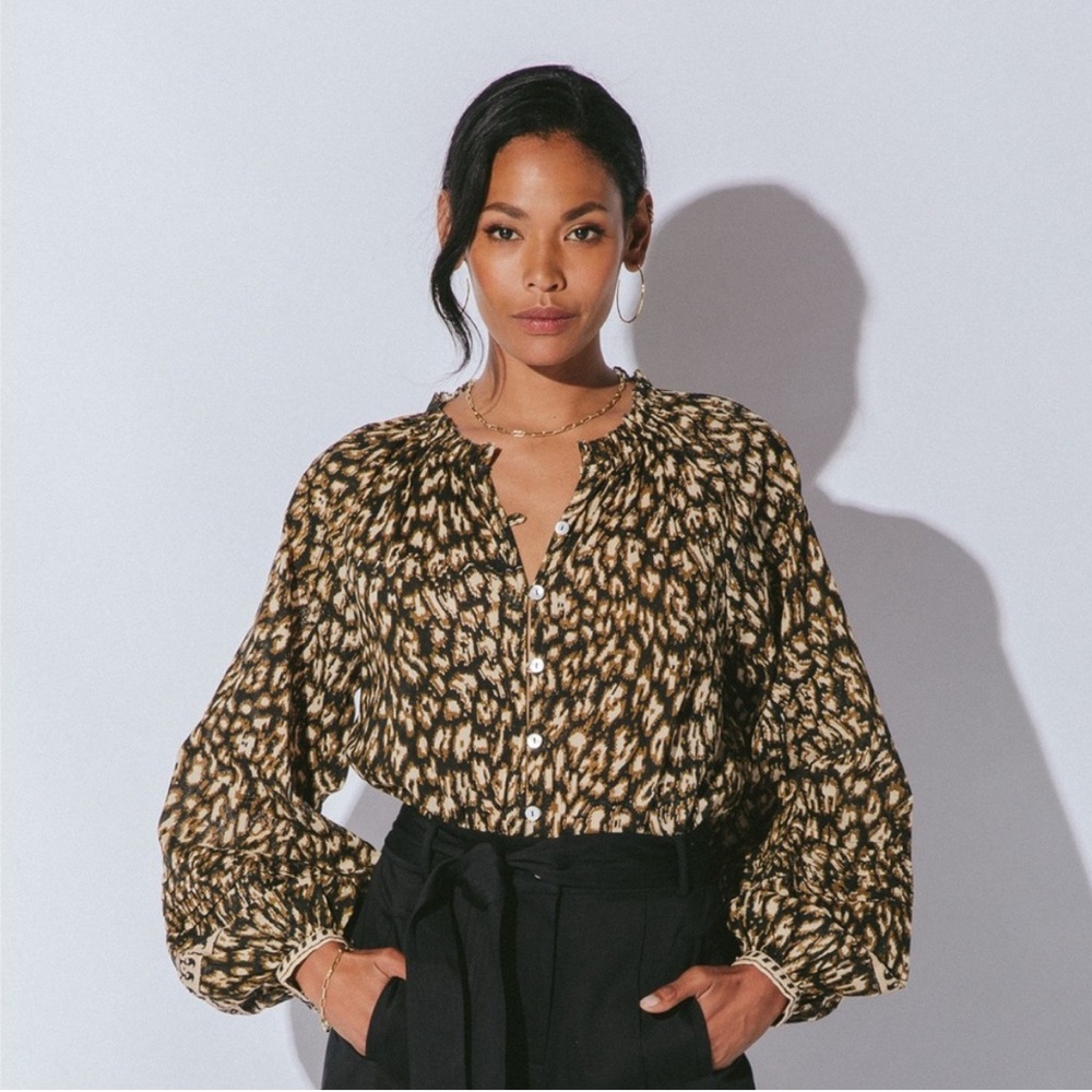 Cleobella Black and Tan Printed Button-Up Blouse